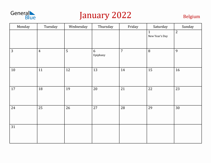 Belgium January 2022 Calendar - Monday Start