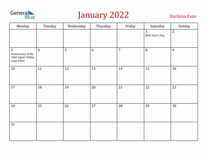 Burkina Faso January 2022 Calendar - Monday Start