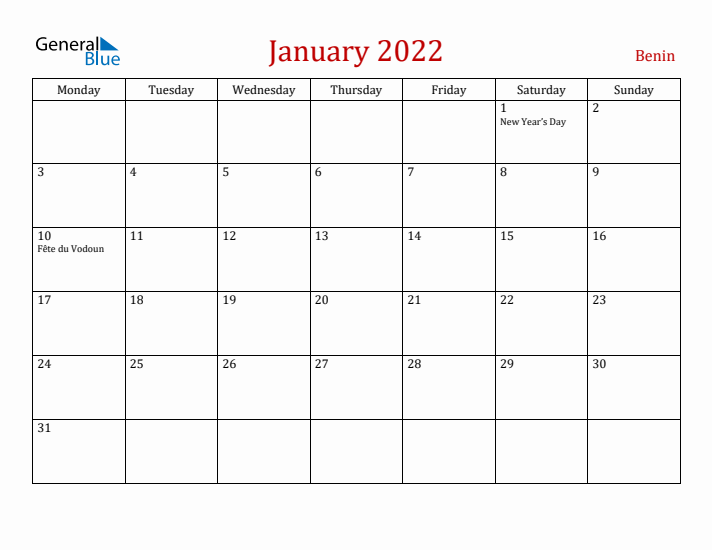 Benin January 2022 Calendar - Monday Start