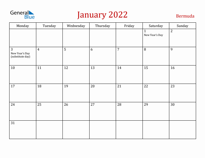 Bermuda January 2022 Calendar - Monday Start