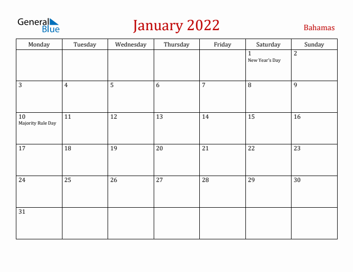 Bahamas January 2022 Calendar - Monday Start