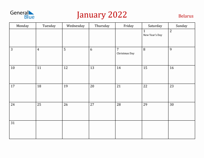 Belarus January 2022 Calendar - Monday Start