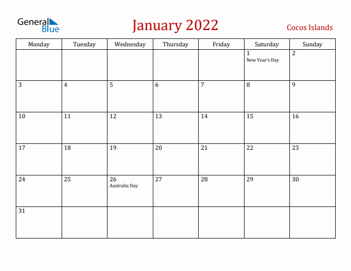 Cocos Islands January 2022 Calendar - Monday Start