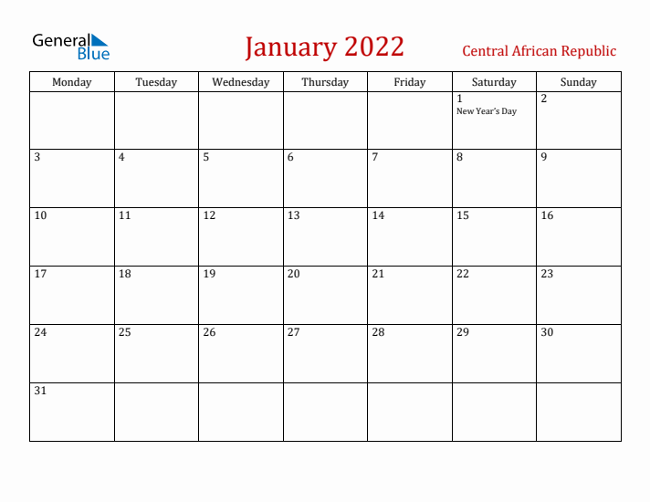 Central African Republic January 2022 Calendar - Monday Start