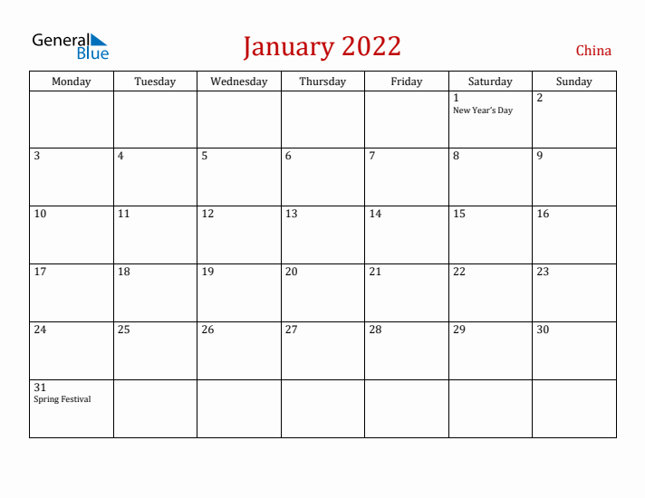 China January 2022 Calendar - Monday Start