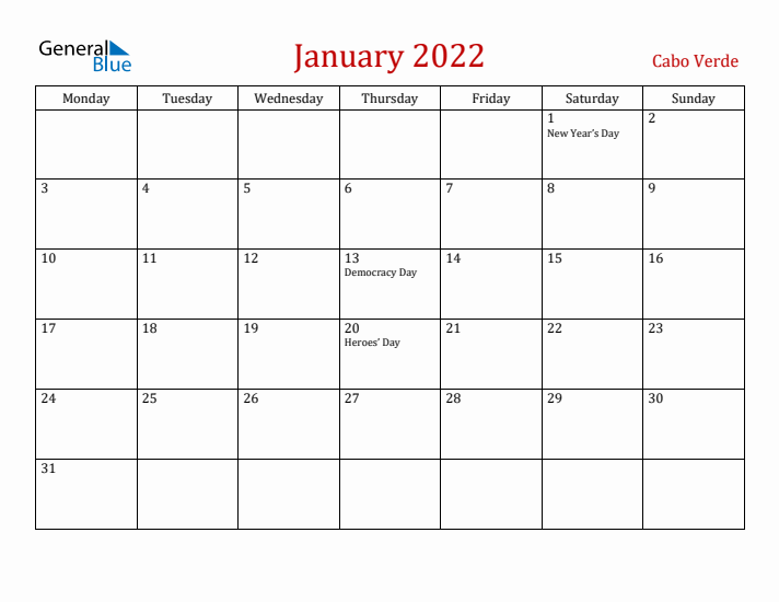 Cabo Verde January 2022 Calendar - Monday Start