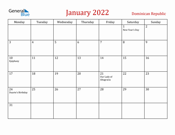 Dominican Republic January 2022 Calendar - Monday Start