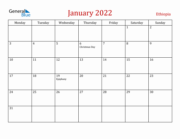 Ethiopia January 2022 Calendar - Monday Start