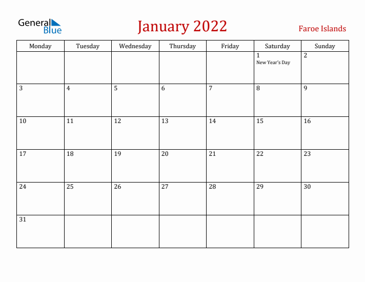 Faroe Islands January 2022 Calendar - Monday Start