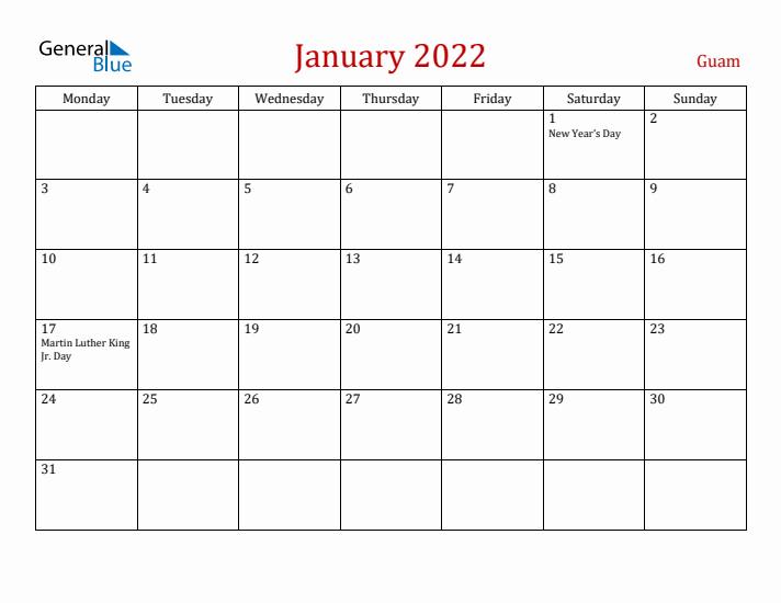 Guam January 2022 Calendar - Monday Start