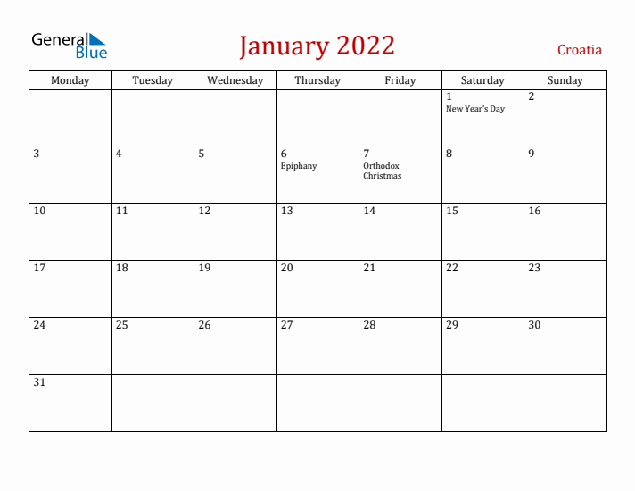 Croatia January 2022 Calendar - Monday Start