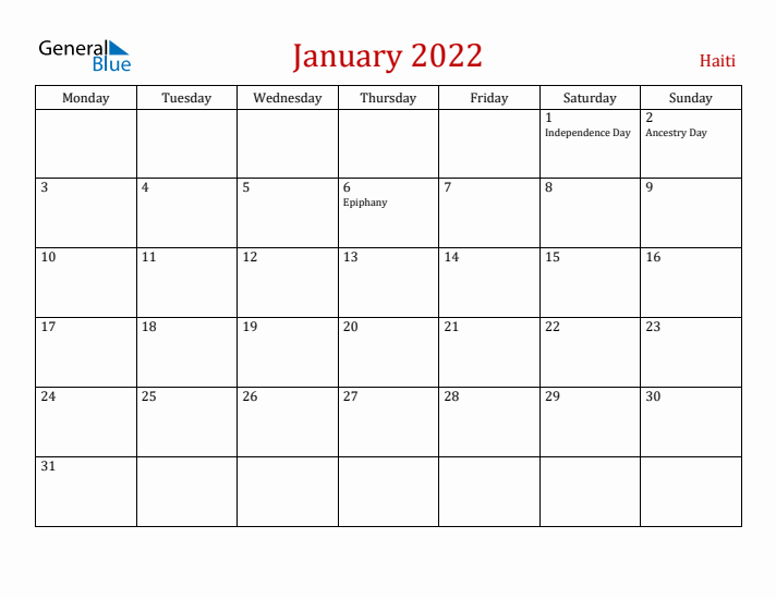 Haiti January 2022 Calendar - Monday Start