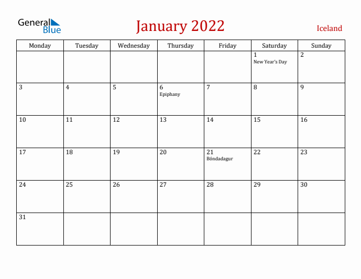 Iceland January 2022 Calendar - Monday Start