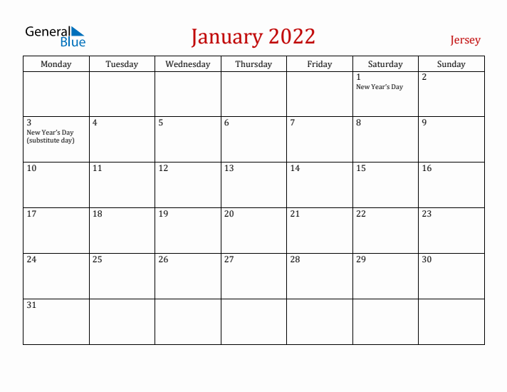 Jersey January 2022 Calendar - Monday Start