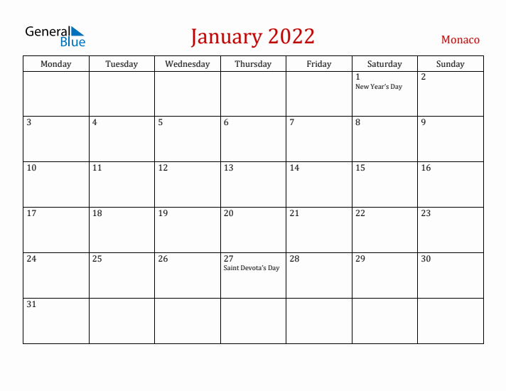 Monaco January 2022 Calendar - Monday Start