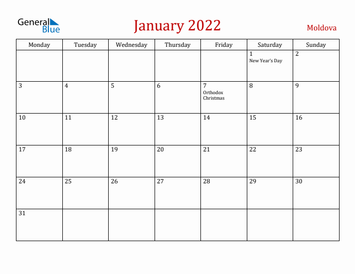 Moldova January 2022 Calendar - Monday Start