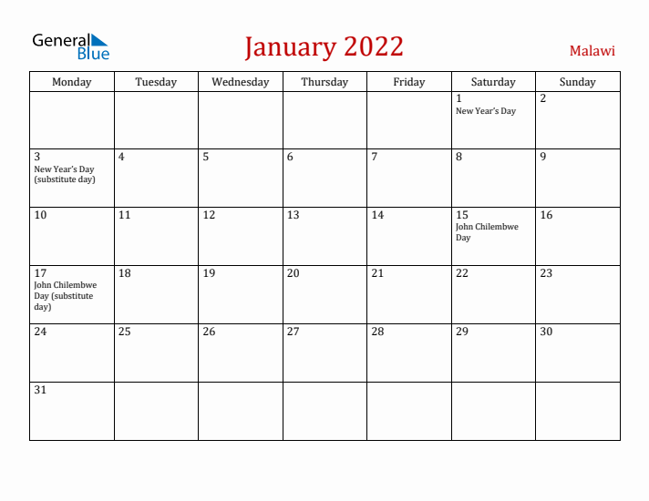 Malawi January 2022 Calendar - Monday Start