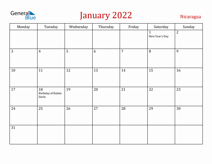 Nicaragua January 2022 Calendar - Monday Start