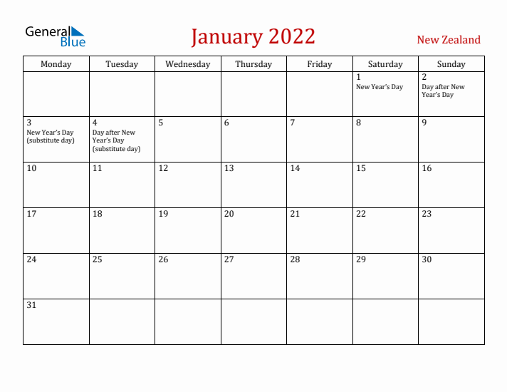 New Zealand January 2022 Calendar - Monday Start