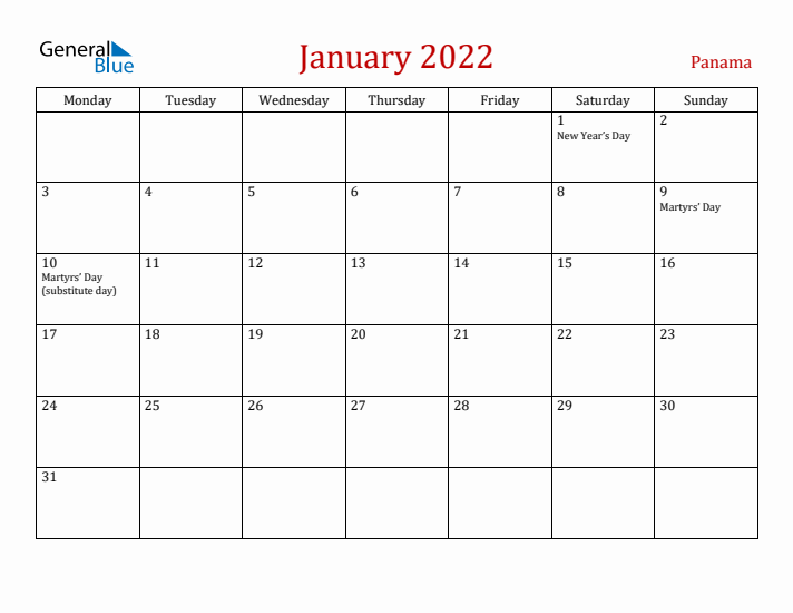 Panama January 2022 Calendar - Monday Start
