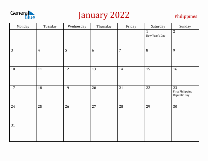 Philippines January 2022 Calendar - Monday Start