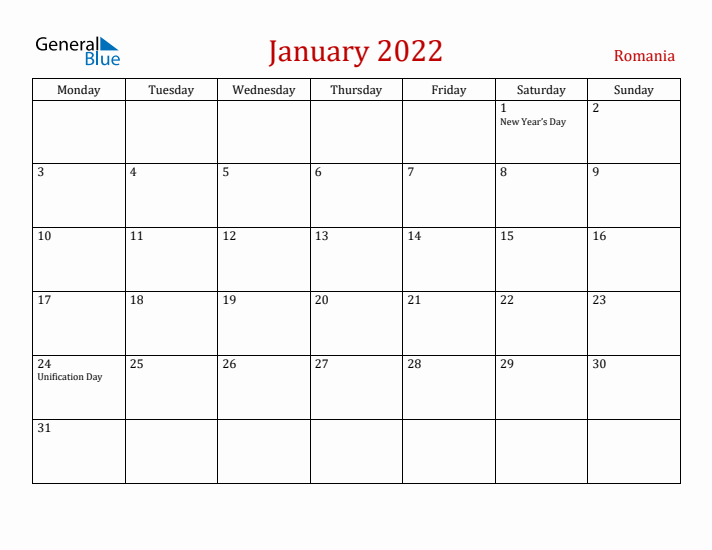 Romania January 2022 Calendar - Monday Start