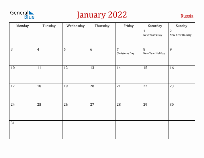 Russia January 2022 Calendar - Monday Start