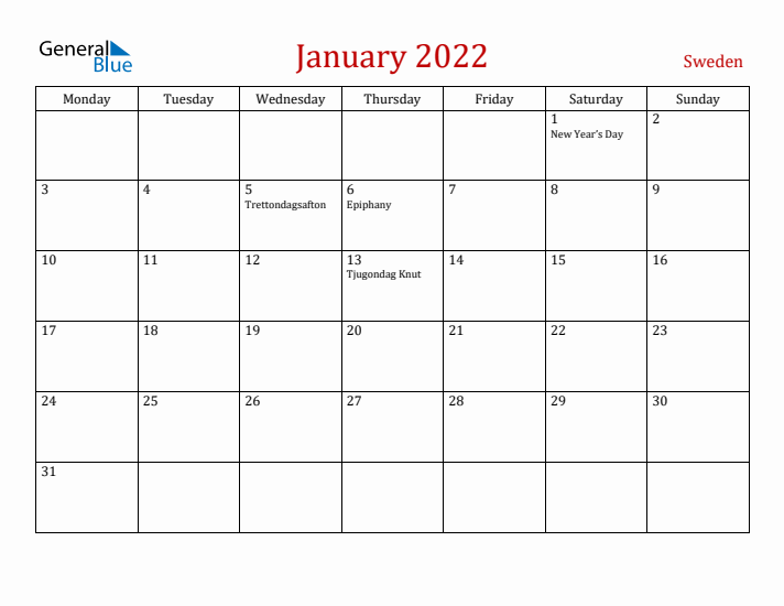Sweden January 2022 Calendar - Monday Start