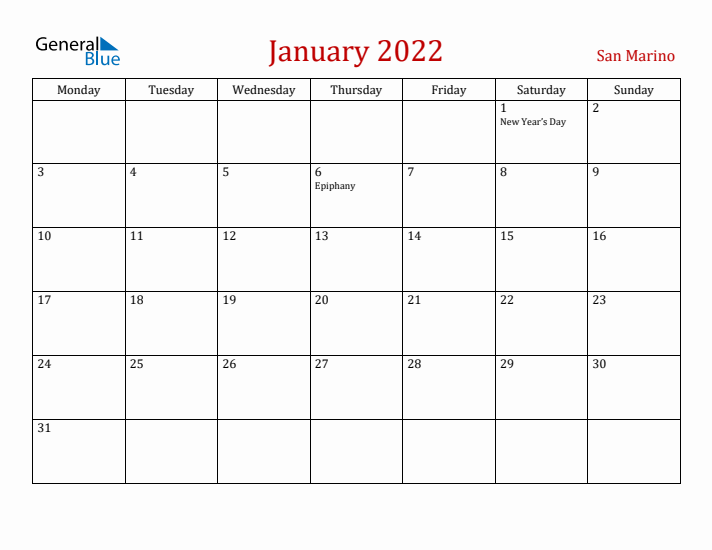 San Marino January 2022 Calendar - Monday Start