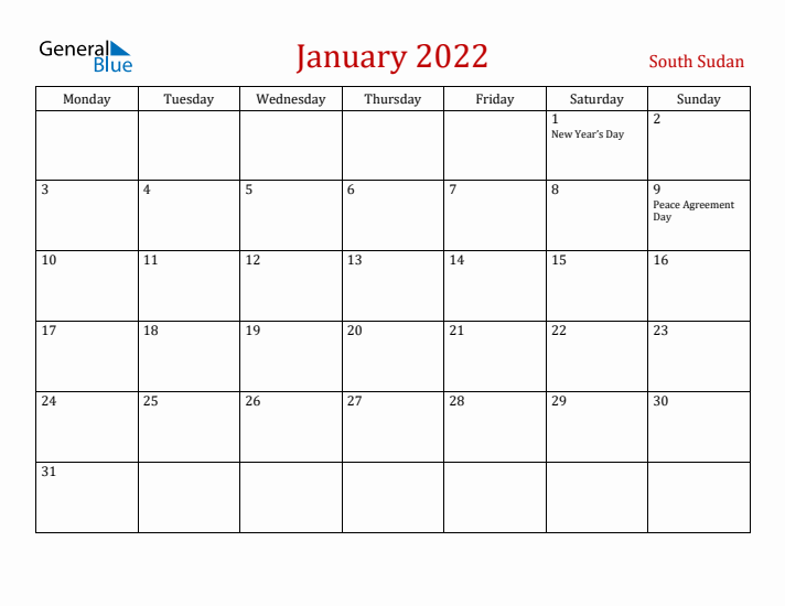South Sudan January 2022 Calendar - Monday Start