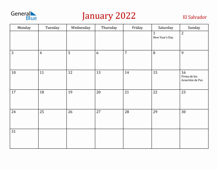 El Salvador January 2022 Calendar - Monday Start