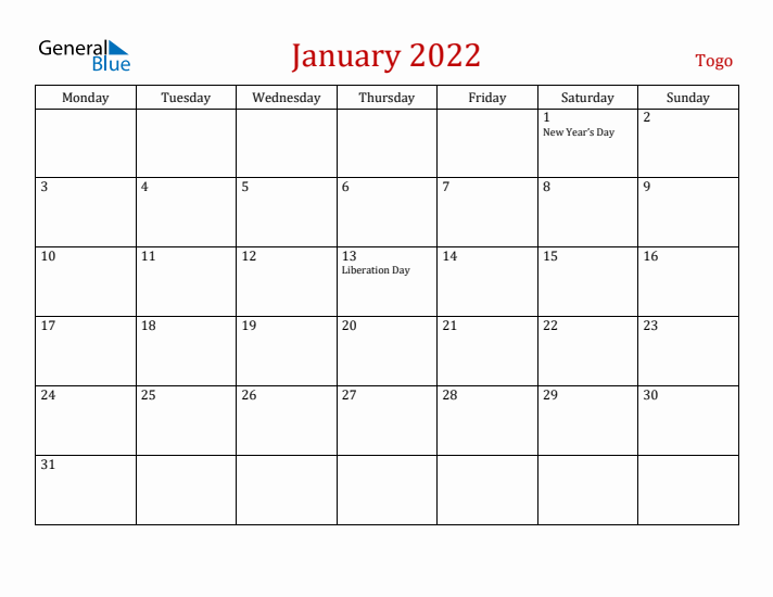 Togo January 2022 Calendar - Monday Start