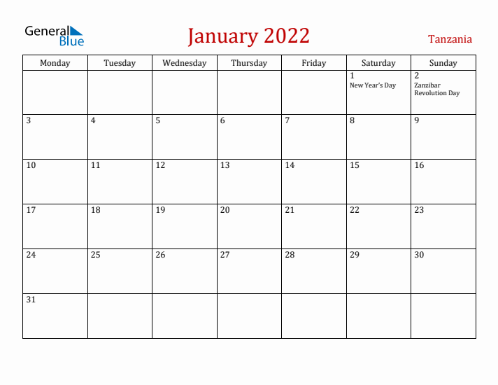 Tanzania January 2022 Calendar - Monday Start