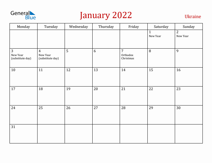 Ukraine January 2022 Calendar - Monday Start