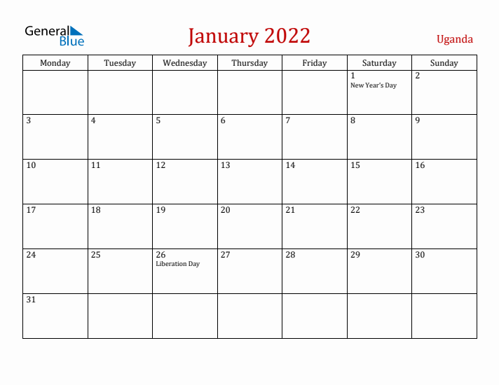Uganda January 2022 Calendar - Monday Start