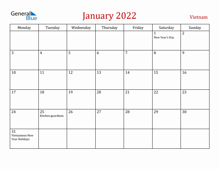 Vietnam January 2022 Calendar - Monday Start