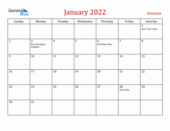 Armenia January 2022 Calendar - Sunday Start