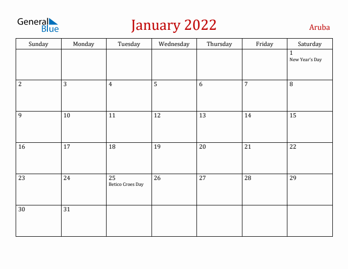 Aruba January 2022 Calendar - Sunday Start