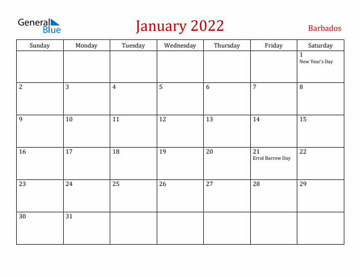Barbados January 2022 Calendar - Sunday Start