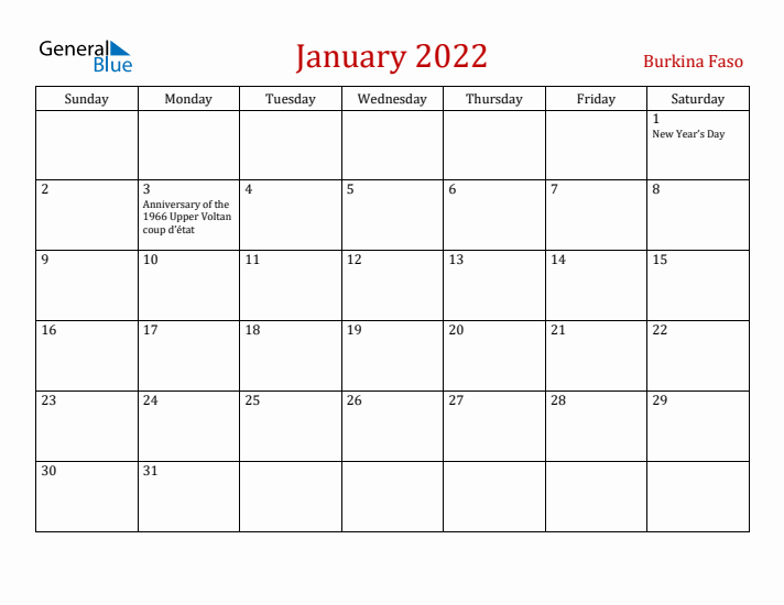 Burkina Faso January 2022 Calendar - Sunday Start