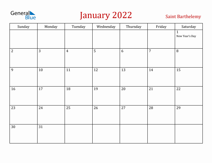 Saint Barthelemy January 2022 Calendar - Sunday Start