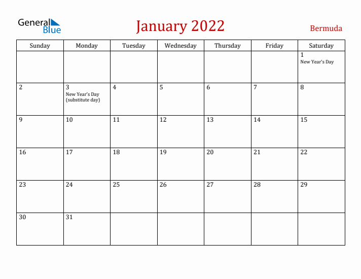 Bermuda January 2022 Calendar - Sunday Start