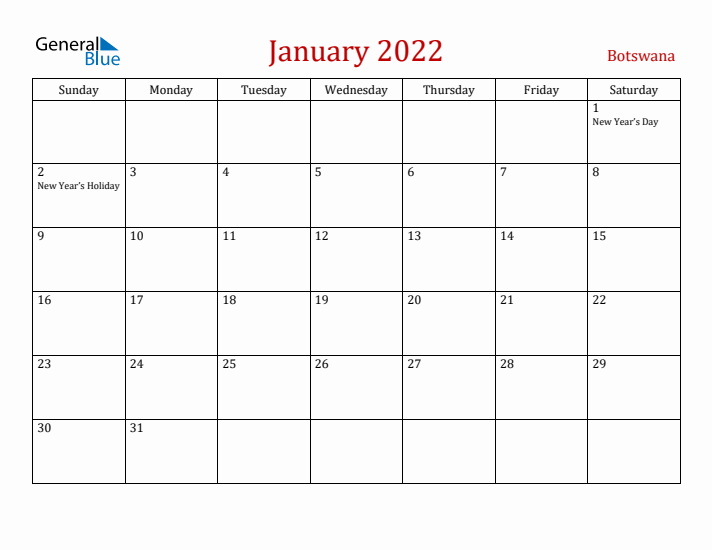 Botswana January 2022 Calendar - Sunday Start