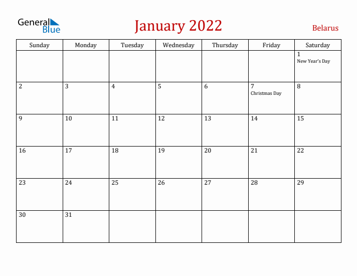 Belarus January 2022 Calendar - Sunday Start