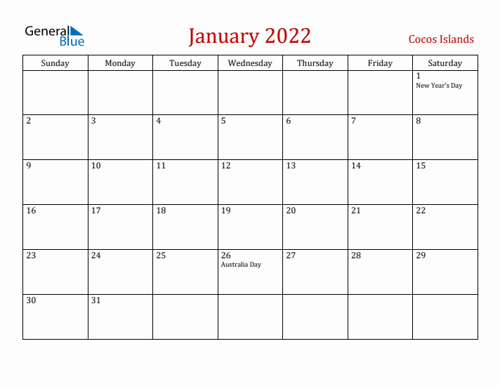 Cocos Islands January 2022 Calendar - Sunday Start