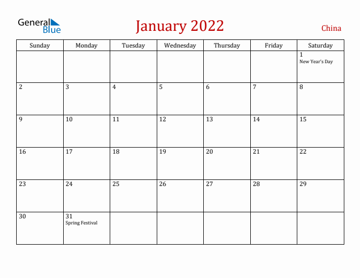 China January 2022 Calendar - Sunday Start