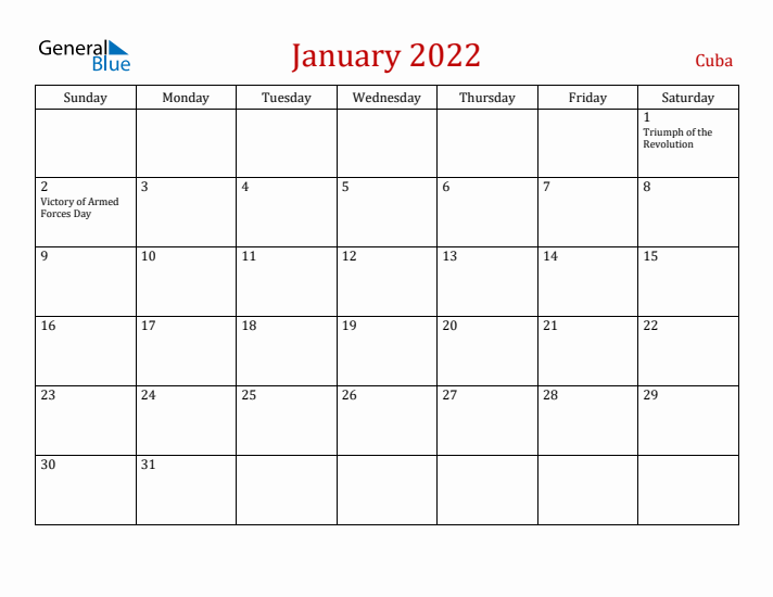 Cuba January 2022 Calendar - Sunday Start