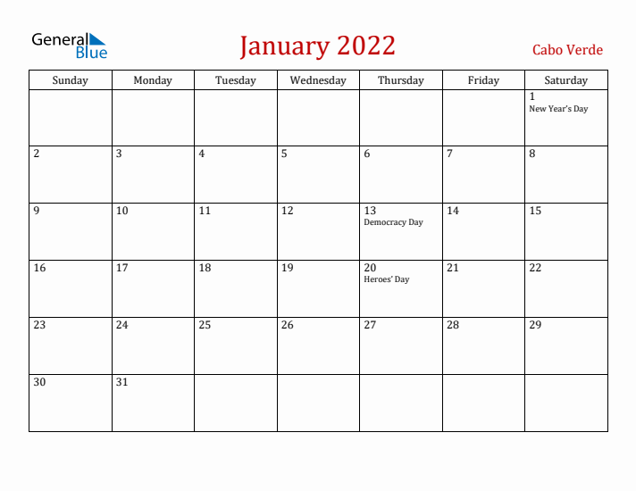 Cabo Verde January 2022 Calendar - Sunday Start