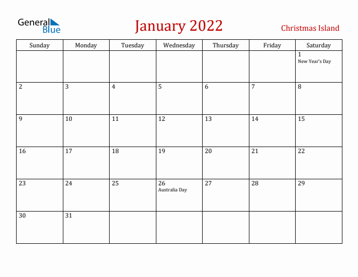Christmas Island January 2022 Calendar - Sunday Start