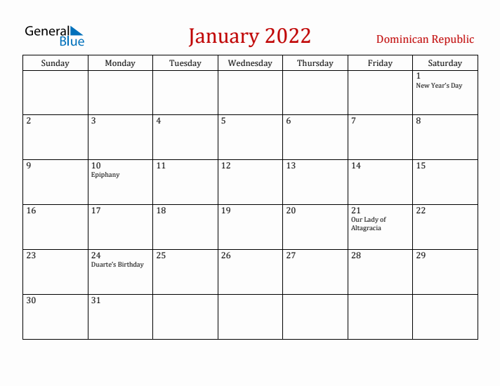 Dominican Republic January 2022 Calendar - Sunday Start